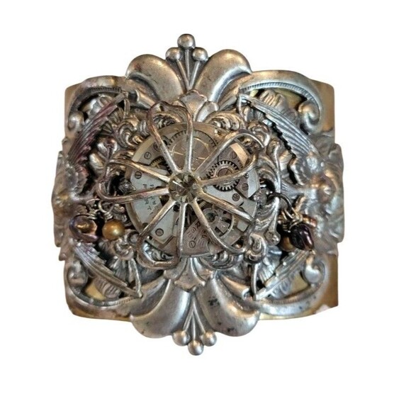 Steampunk Large Cuff Bracelet Brass & Silver Tone Watch Gear Art Nouveau Design - Picture 7 of 11